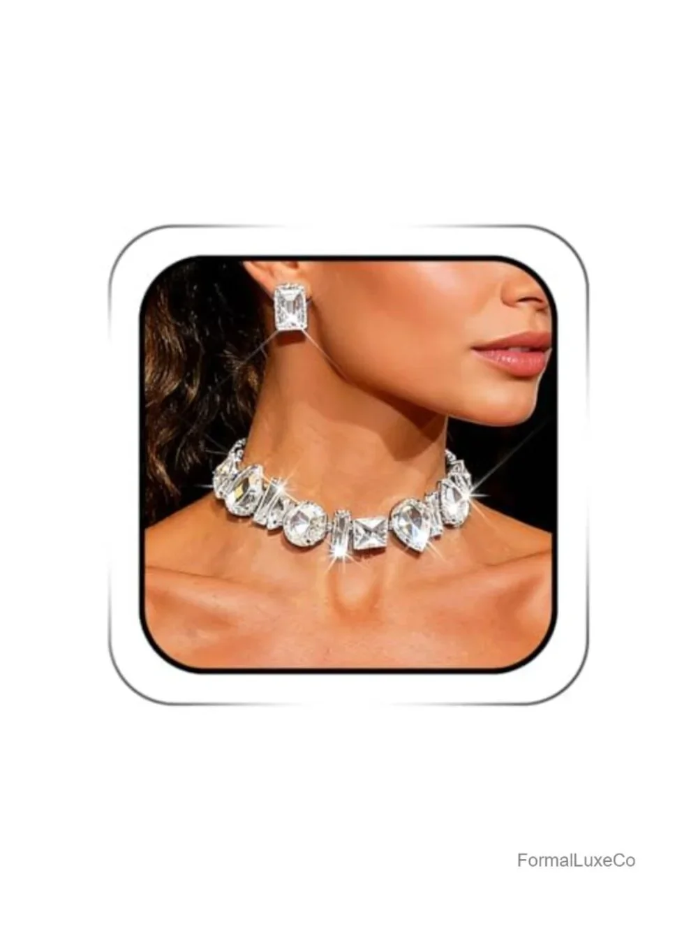 Rhinestone Choker Necklace and Earrings Set Sparkly Jewelry for Women Silver